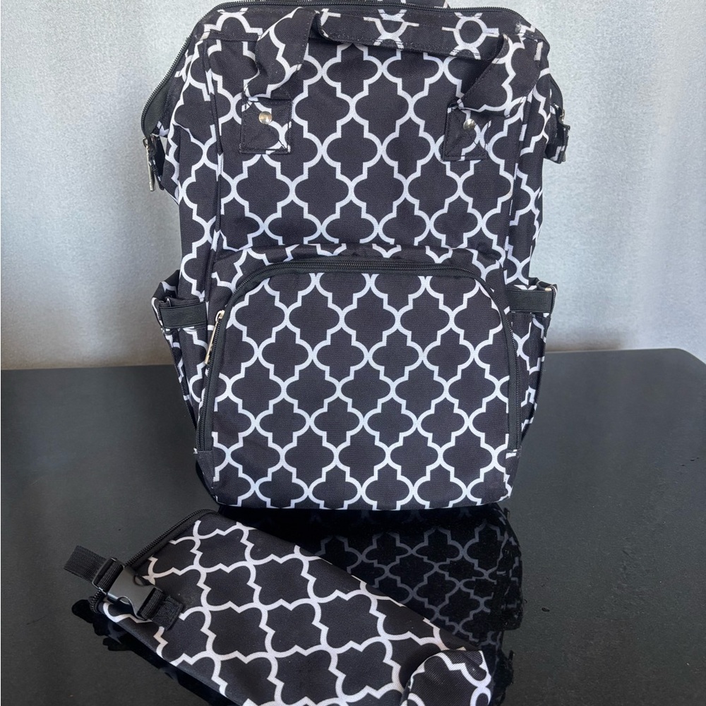 Black and White Geometric insulated diaper/travel Backpack w/ detachable Pouch